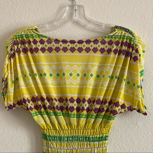Romantic SINI sheer yellow midi dress with purple & green tribal pattern - Picture 10 of 11